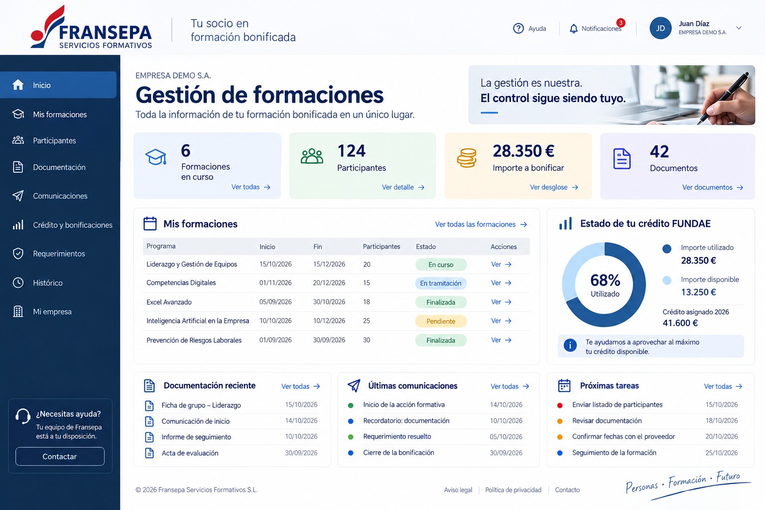 Ejemplo de área de cliente para gestión de formación bonificada